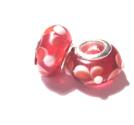 Charm - Lampwork, Röd m rosa & vita prickar