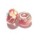 Charm - Lampwork, Röd m beiga blommor