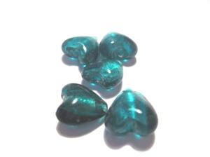 PÄRLOR & TILLBEHÖR - Lampwork & silverfoil pärlor - Silverfoilerade hjärtan, 10mm,  Teal  5st
